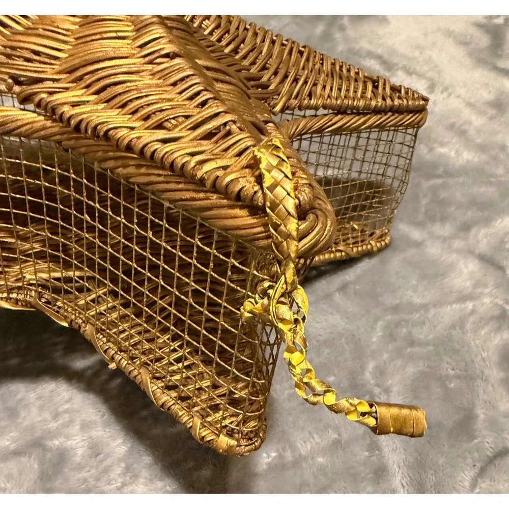 Vintage Gold Wicker Star Basket Hinged Lid Celestial Decor Gift Box Boho Star